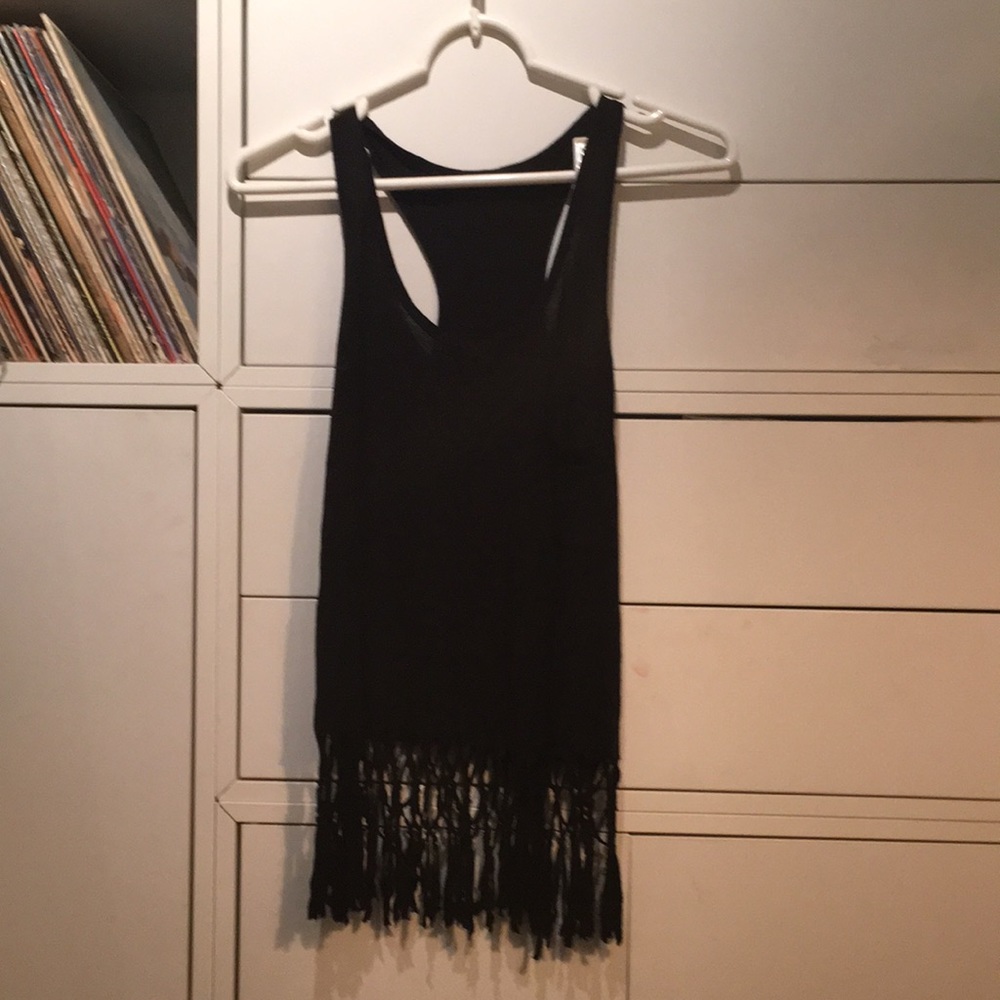 Black tank top with pocket and fringe